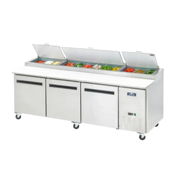 Commercial pizza prep tables with hinged lids and refrigerated compartments for food storage.