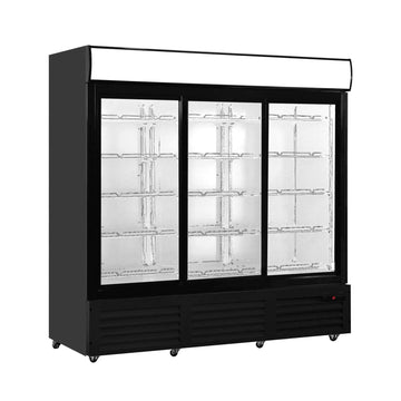 Energy Efficient Glass Door Refrigerator with multiple display sections for beverages.