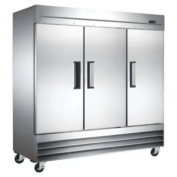 Solid Door Commercial Refrigerators with three doors for optimal food storage in commercial kitchens.