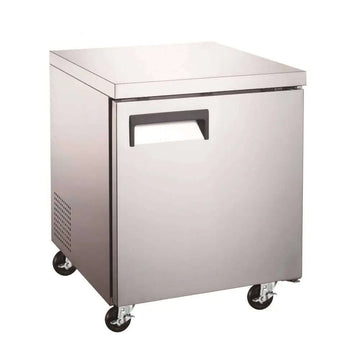 Undercounter freezer benefits: Compact stainless steel freezer with wheels for easy mobility and convenient access to frozen items.